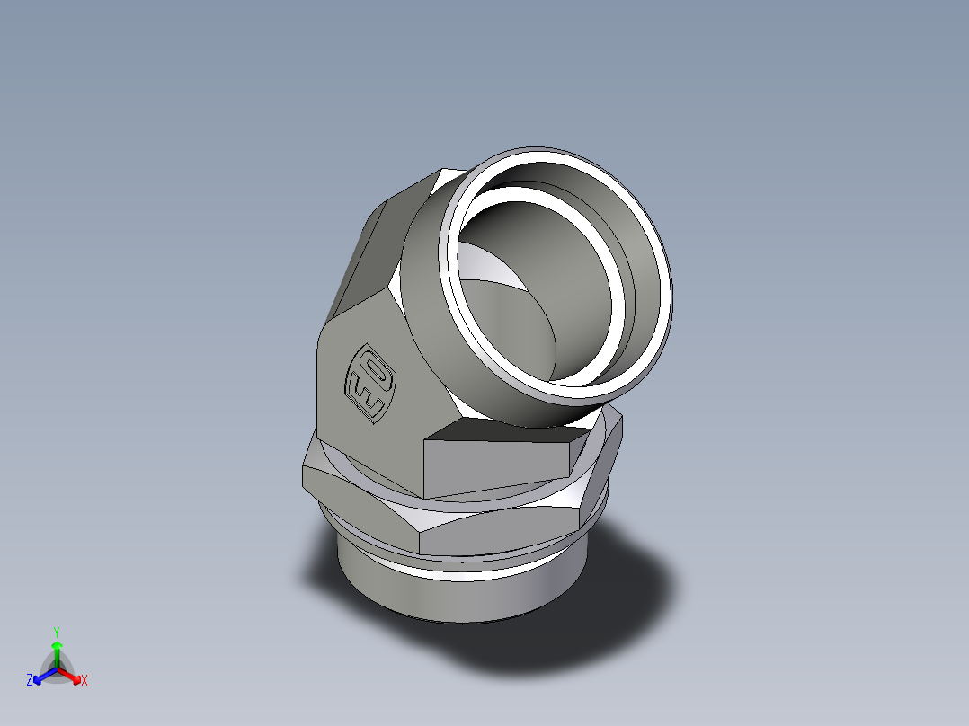 卡套式工业通用硬管接头EO_Adjustable_locknut_45_deg_elbow_VEE42LMOMDCF正等轴测图