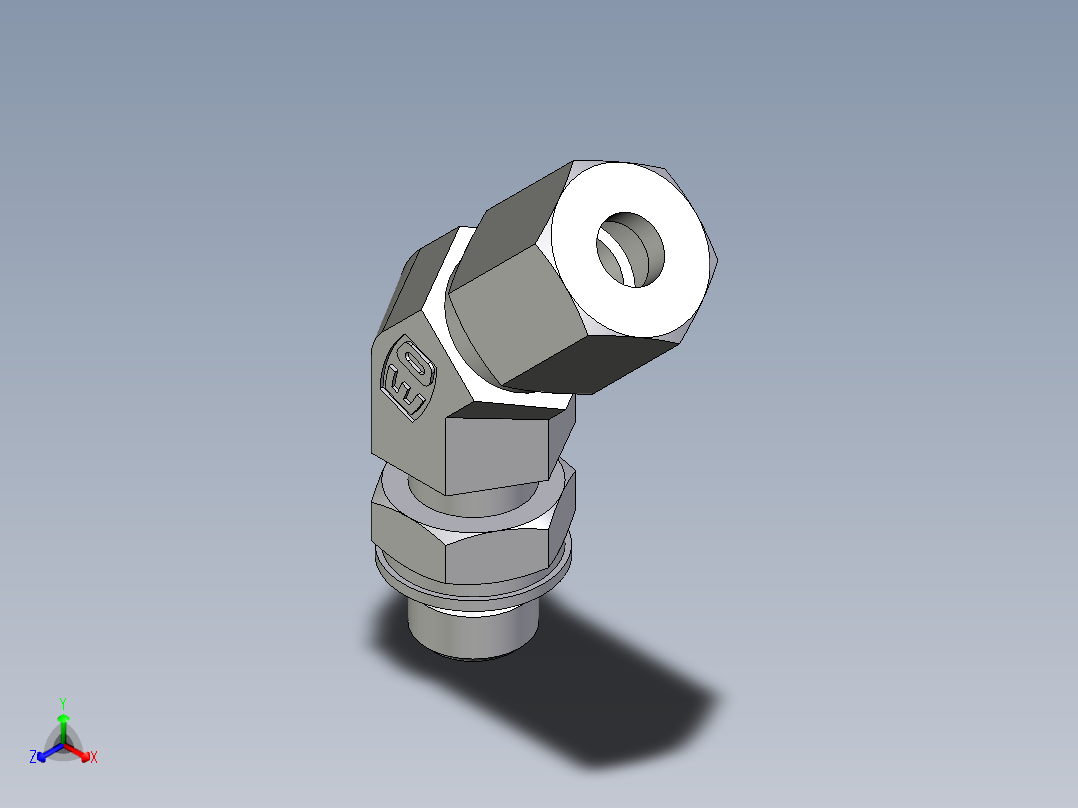 卡套式工业通用硬管接头EO_Adjustable_locknut_45_deg_elbow_VEE06LMORCF正等轴测图