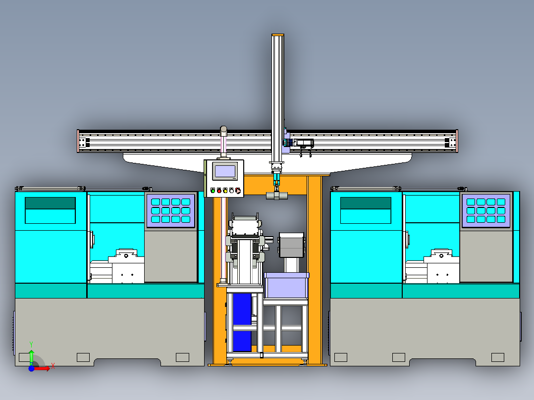 数控车床上下料机械手图纸车床棒料自动上下料一拖二机械手3d图纸前视图
