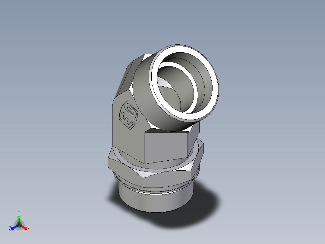 卡套式工业通用硬管接头EO_Adjustable_locknut_45_deg_elbow_VEE38SMOROMDCF正等轴测图